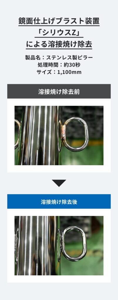 鏡面仕上げブラスト「シリウスZ」によるステンレス製ピラー(車止め)の溶接焼け除去の前後比較